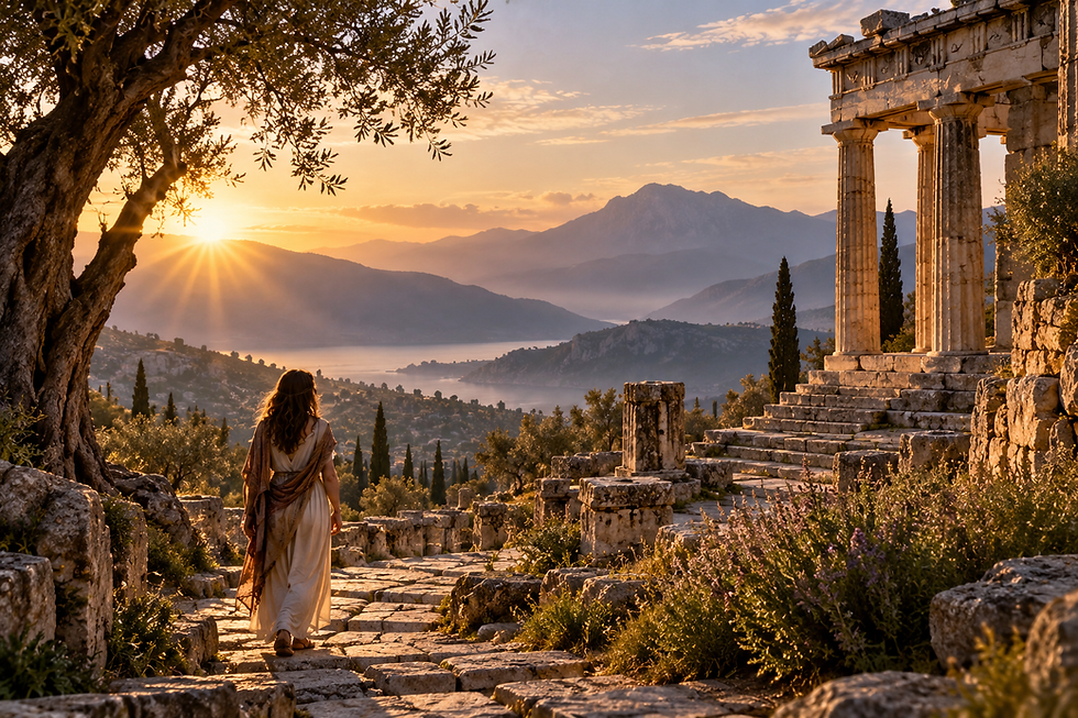 Ancient seeker walking among temple ruins at sunrise, representing the timeless search for self-knowledge and inner wisdom