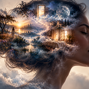 Woman’s profile with a vivid dream world unfolding inside her mind, representing consciousness, memory and why dreams can feel so real.