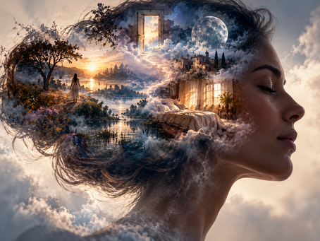 Woman’s profile with a vivid dream world unfolding inside her mind, representing consciousness, memory and why dreams can feel so real.
