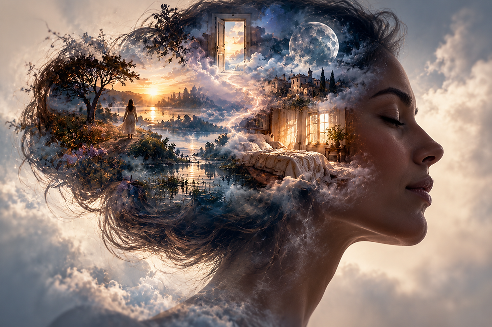 Woman’s profile with a vivid dream world unfolding inside her mind, representing consciousness, memory and why dreams can feel so real.