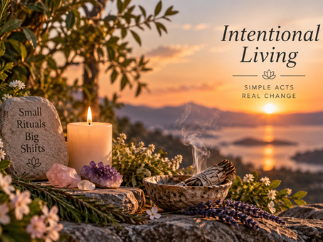 Personal ritual with a candle, herbs, crystals and natural elements arranged outdoors at sunset, representing intentional living and meaningful everyday practices.