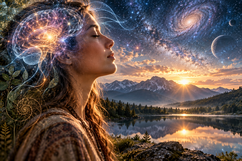 Human consciousness merging with neural patterns, nature and the cosmos, representing the mystery of the mind and awareness