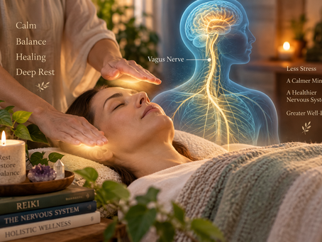 Reiki session illustrating the nervous system and vagus nerve, with a practitioner providing Reiki as a person rests in a calm treatment setting.