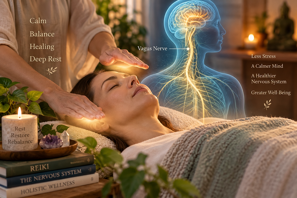 Reiki session illustrating the nervous system and vagus nerve, with a practitioner providing Reiki as a person rests in a calm treatment setting.