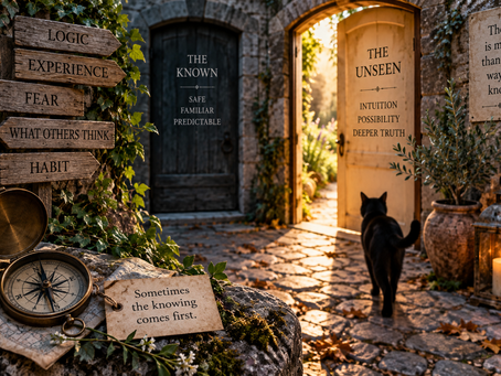 Two contrasting doorways representing logic and the unknown, with a compass and directional signs symbolizing the mysterious choices involved in intuition and inner knowing