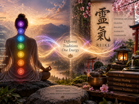 Chakras and Reiki shown as two distinct energy traditions, with the seven chakras alongside Japanese Reiki imagery connected by flowing light.