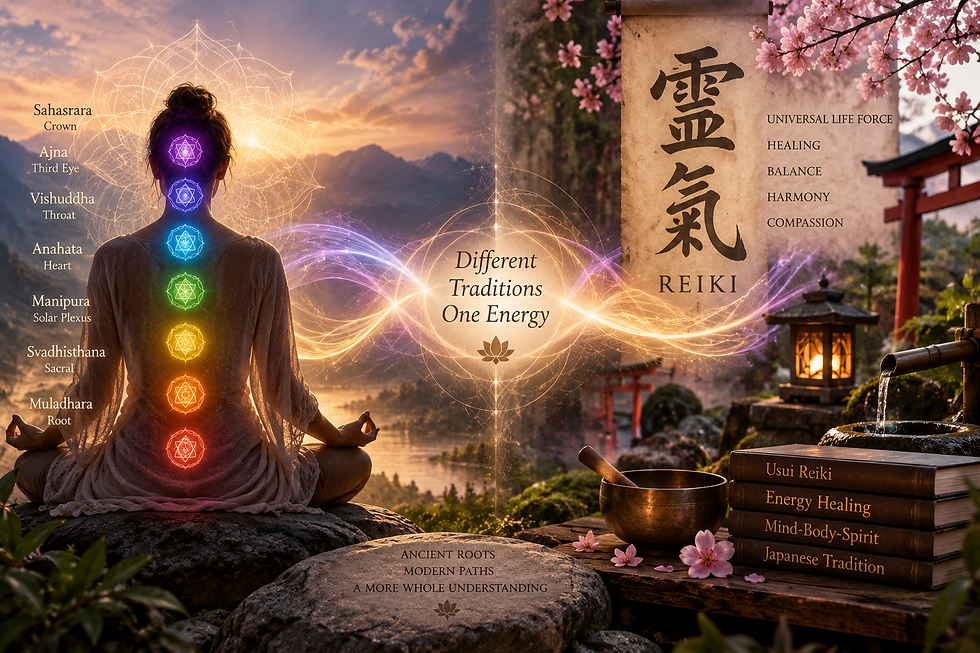 Chakras and Reiki shown as two distinct energy traditions, with the seven chakras alongside Japanese Reiki imagery connected by flowing light.