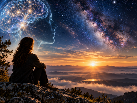 Human consciousness represented by a glowing neural brain against a star-filled sky and sunrise landscape.