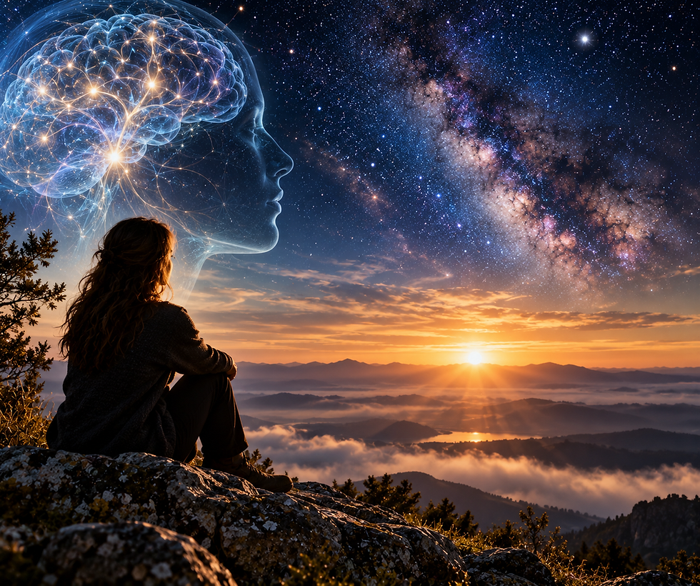 Human consciousness represented by a glowing neural brain against a star-filled sky and sunrise landscape.