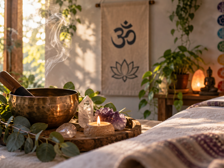 Peaceful Reiki treatment space with a singing bowl, crystals, candle, incense, plants and chakra symbols representing Reiki energy and healing practice.