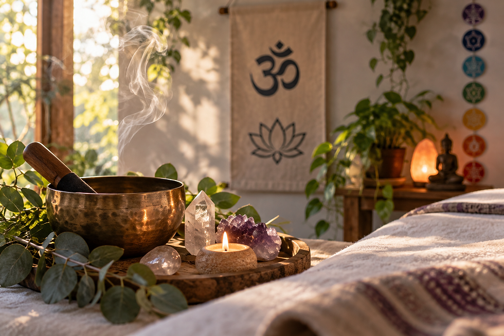 Peaceful Reiki treatment space with a singing bowl, crystals, candle, incense, plants and chakra symbols representing Reiki energy and healing practice.