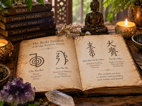 Reiki symbols illustrated in an old manuscript surrounded by candles, crystals and spiritual objects, representing their meaning, history and sacred tradition.