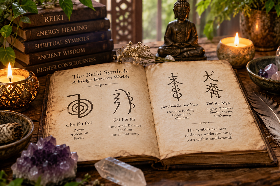 Reiki symbols illustrated in an old manuscript surrounded by candles, crystals and spiritual objects, representing their meaning, history and sacred tradition.