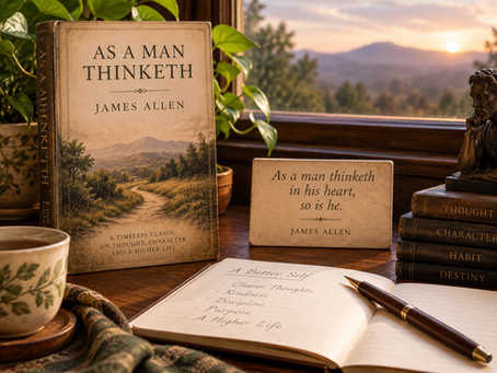 Vintage study scene with James Allen’s As a Man Thinketh, journal and books symbolizing the connection between thought, character, habits and personal growth.