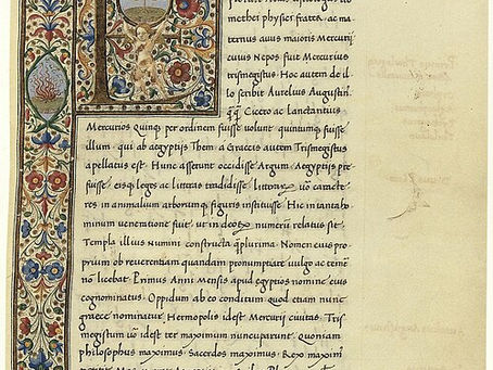 Illuminated Renaissance manuscript from Marsilio Ficino’s Latin translation of the Corpus Hermeticum, representing the revival of ancient Hermetic teachings in Renaissance Europe.