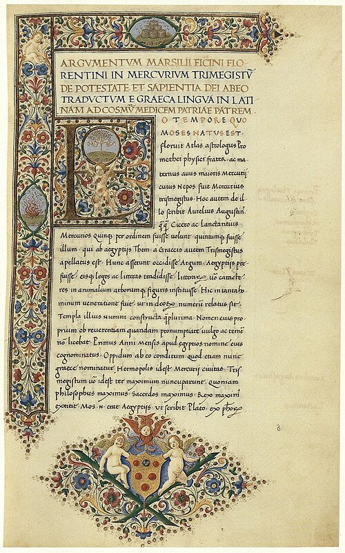 Illuminated Renaissance manuscript from Marsilio Ficino’s Latin translation of the Corpus Hermeticum, representing the revival of ancient Hermetic teachings in Renaissance Europe.