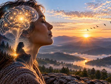 Glowing brain within a human profile, representing the relationship between the self, the brain, consciousness, memory, and personal identity