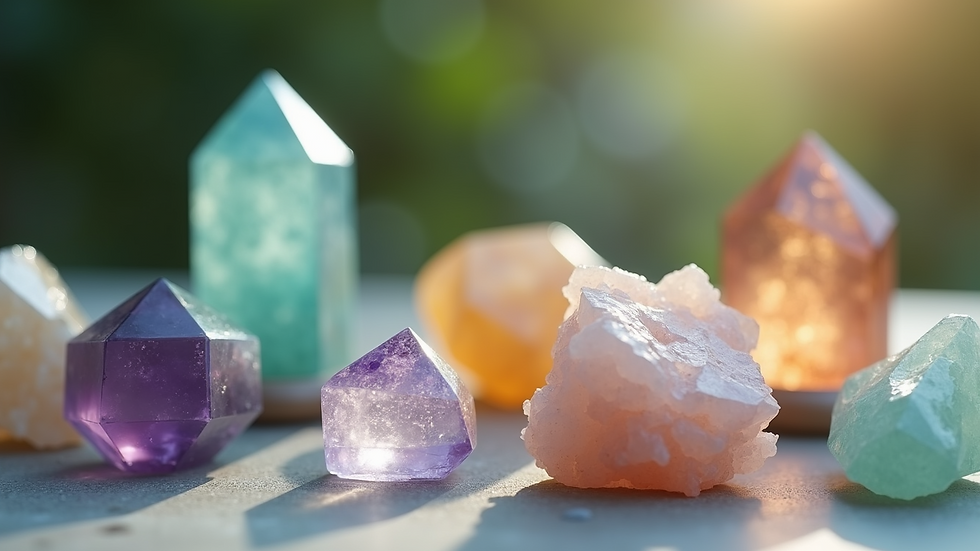 Close-up view of a calming Reiki crystal setup