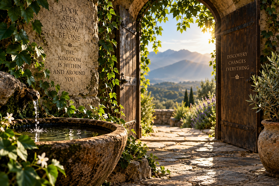 Open ancient doorway leading toward the light, symbolizing seeking, inner knowing and discovery in the Gospel of Thomas