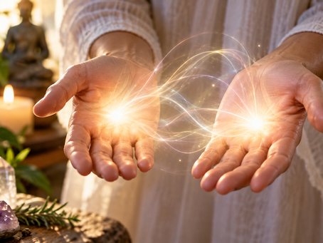 Open hands glowing with light representing Reiki energy in hands, warmth, tingling and energetic sensations during Reiki practice.
