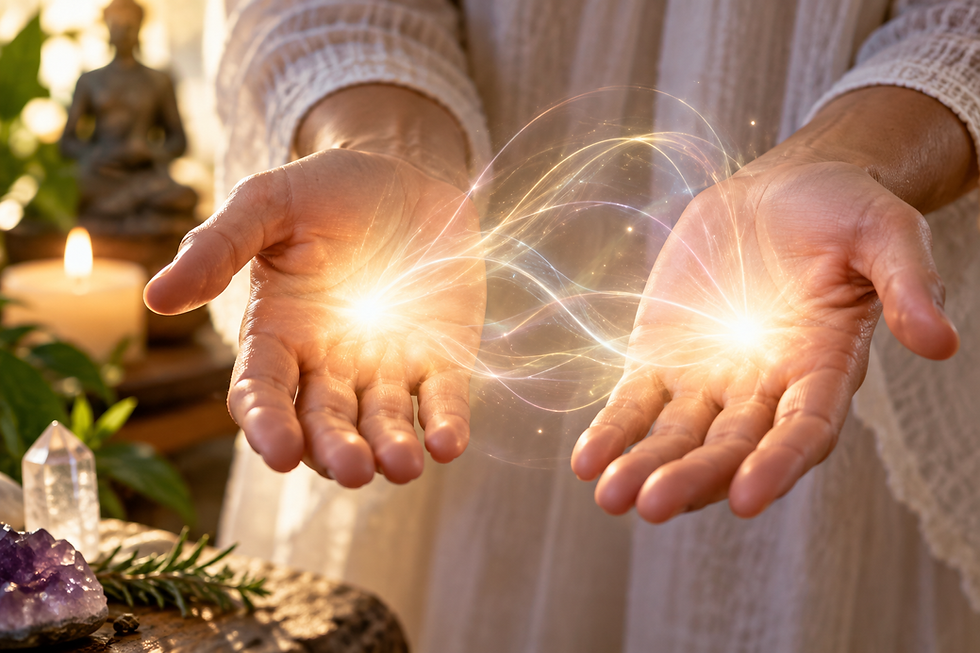 Open hands glowing with light representing Reiki energy in hands, warmth, tingling and energetic sensations during Reiki practice.