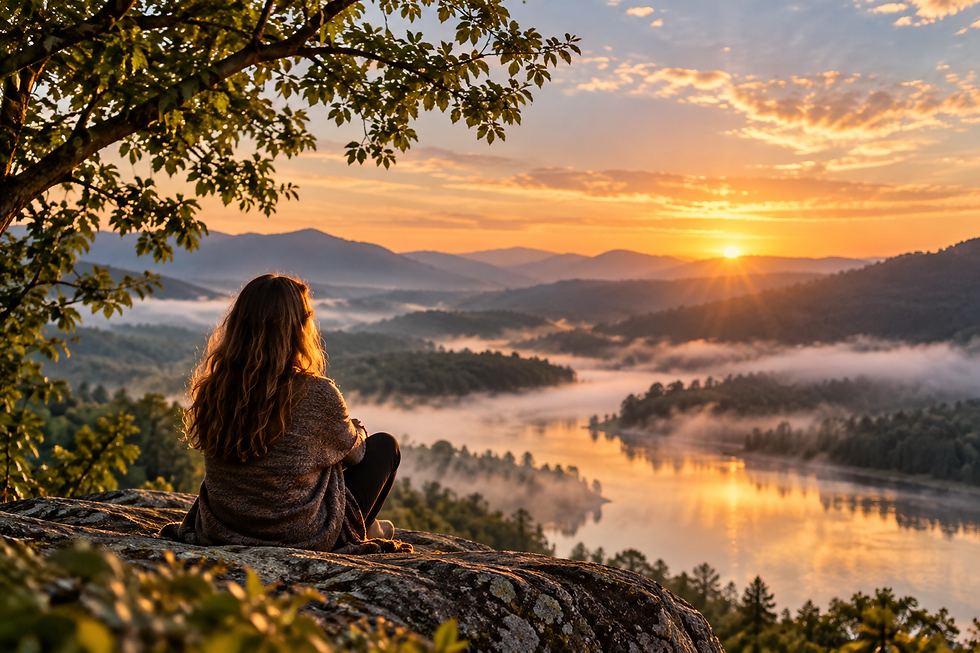 Human consciousness represented by a woman overlooking a vast sunrise landscape, reflecting awareness, inner thought, and the mystery of the mind