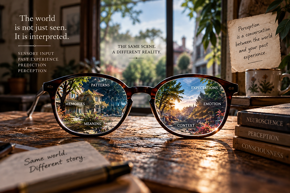 Eyeglasses revealing different details in the same scene, symbolizing how the brain uses memory, emotion, expectations and context to construct our perception of reality.