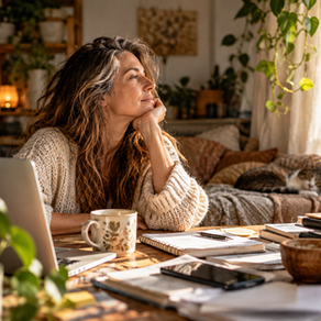 Woman pausing at a cluttered desk in a peaceful home, reflecting on how to simplify life when responsibilities and distractions feel overwhelming.
