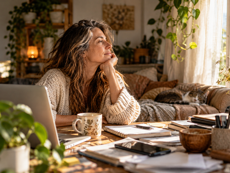 Woman pausing at a cluttered desk in a peaceful home, reflecting on how to simplify life when responsibilities and distractions feel overwhelming.