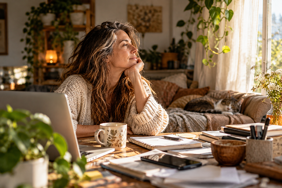 Woman pausing at a cluttered desk in a peaceful home, reflecting on how to simplify life when responsibilities and distractions feel overwhelming.