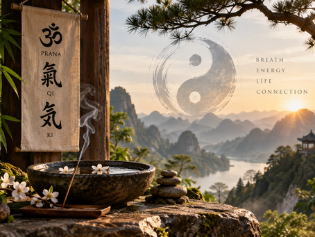 Prana, Qi and Ki represented through traditional symbols, flowing incense, balanced stones and a peaceful landscape symbolizing breath, life energy and connection.