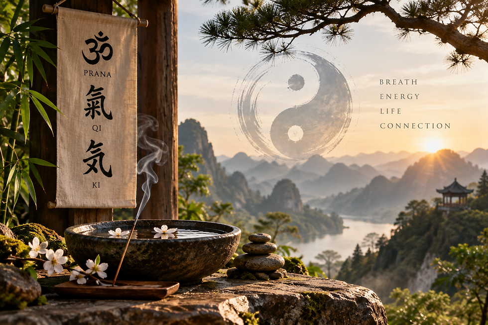 Prana, Qi and Ki represented through traditional symbols, flowing incense, balanced stones and a peaceful landscape symbolizing breath, life energy and connection.