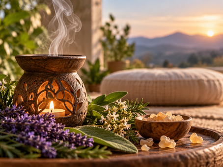 Aromatherapy burner with fragrant herbs and resin beside a meditation cushion, representing scent as an anchor for meditation and mindfulness.