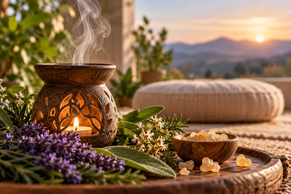 Aromatherapy burner with fragrant herbs and resin beside a meditation cushion, representing scent as an anchor for meditation and mindfulness.