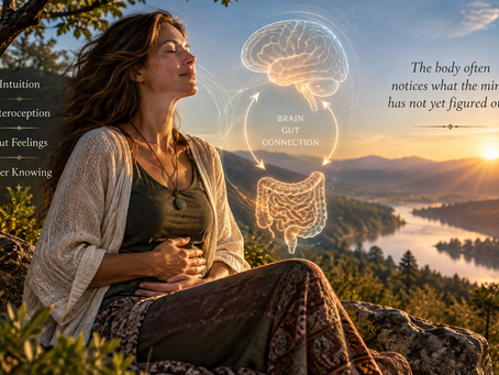 Woman sensing her body beside a brain-and-gut connection illustration, representing interoception, intuition and the physical signals behind gut feelings