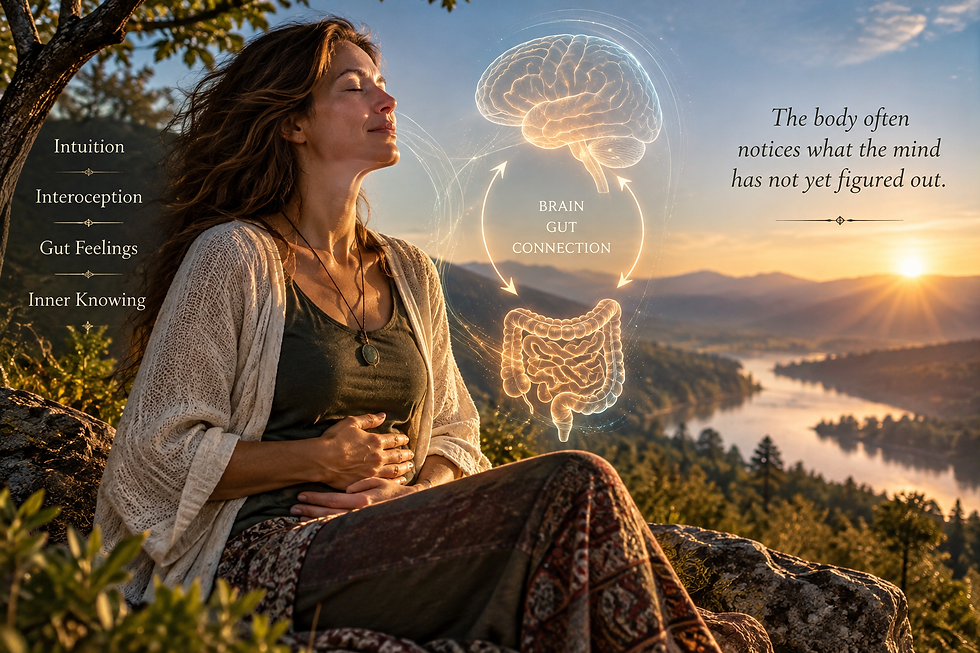 Woman sensing her body beside a brain-and-gut connection illustration, representing interoception, intuition and the physical signals behind gut feelings