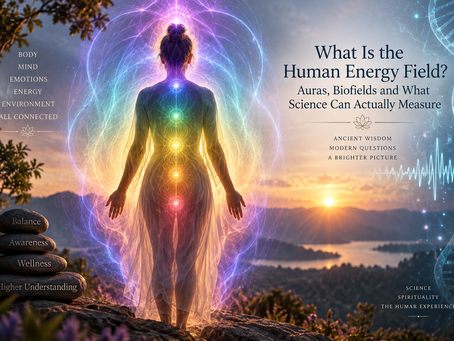 Human energy field illustrated as a luminous aura surrounding the body alongside scientific imagery representing biofields, energy, consciousness and measurable biological signals.