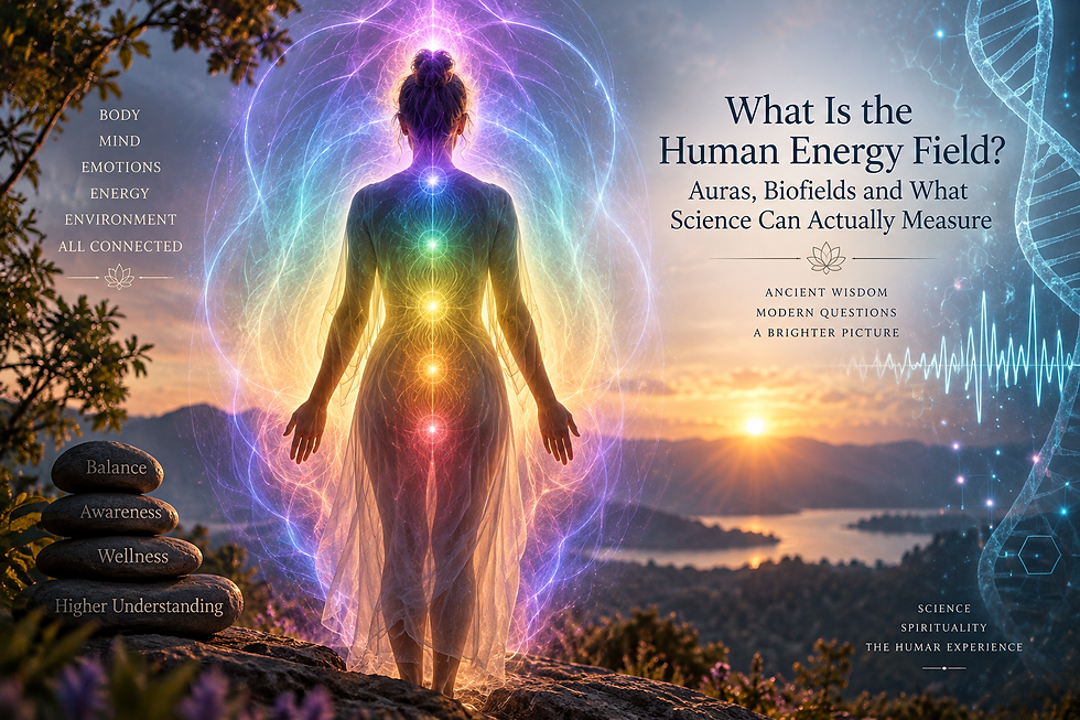 Human energy field illustrated as a luminous aura surrounding the body alongside scientific imagery representing biofields, energy, consciousness and measurable biological signals.