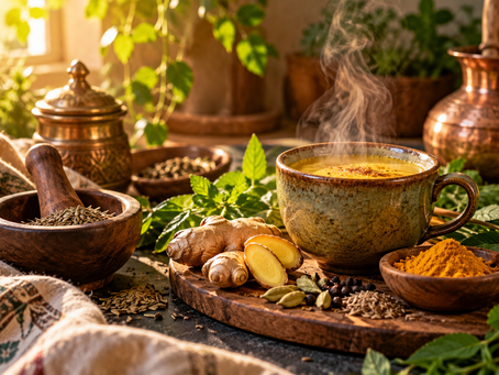 Ayurvedic herbs and spices surrounding a warm golden drink, representing agni, digestive fire and traditional Ayurvedic wellness.