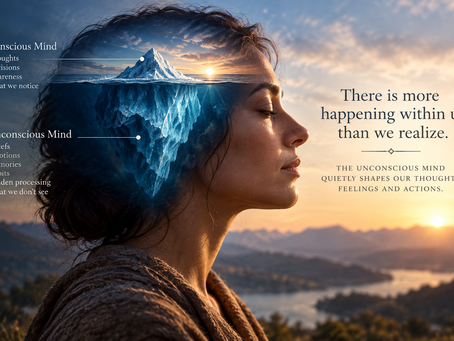 Iceberg within a human profile illustrating the conscious mind above the surface and the larger unconscious processes of beliefs, emotions, memories and habits below awareness.