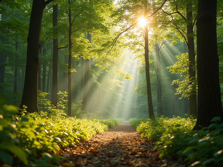A peaceful forest scene with tall green trees, soft sunlight streaming through the canopy, and a carpet of leaves and ferns covering the forest floor.