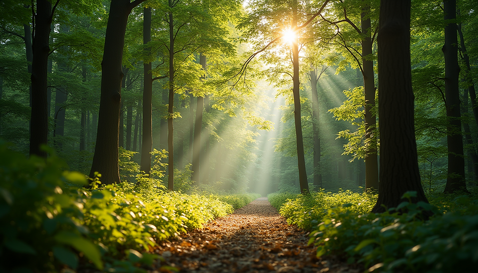 A peaceful forest scene with tall green trees, soft sunlight streaming through the canopy, and a carpet of leaves and ferns covering the forest floor.
