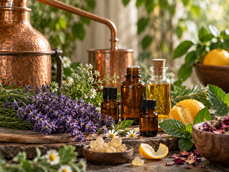 Essential oil bottles beside a traditional copper distiller surrounded by lavender, mint, citrus and aromatic botanicals representing aromatherapy and essential oil extraction.