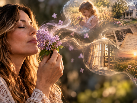 Woman smelling lilac flowers as the scent evokes vivid memories of childhood, home, old photographs and a sunlit landscape.