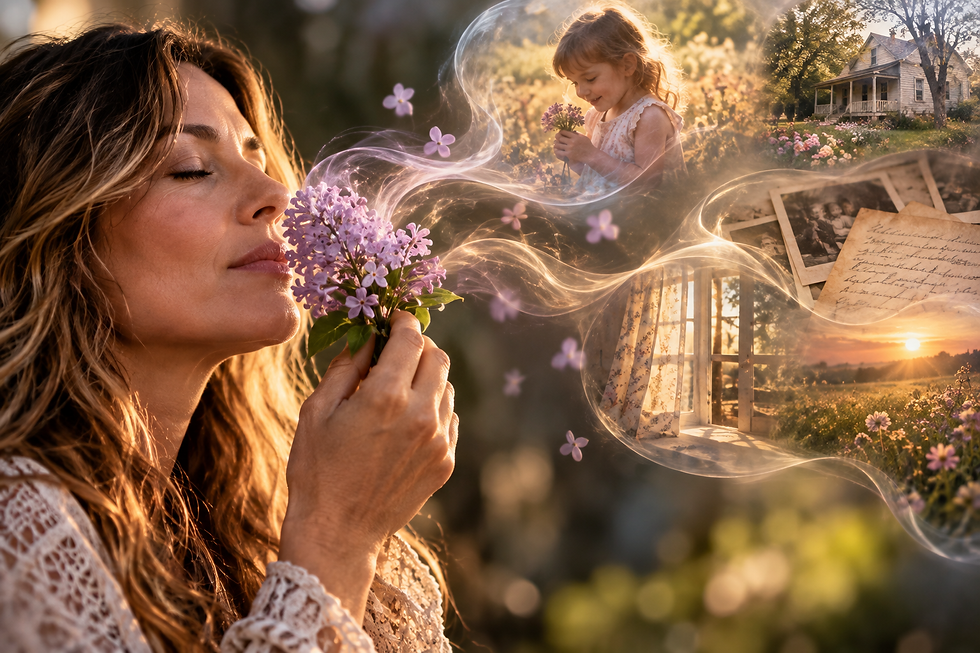 Woman smelling lilac flowers as the scent evokes vivid memories of childhood, home, old photographs and a sunlit landscape.