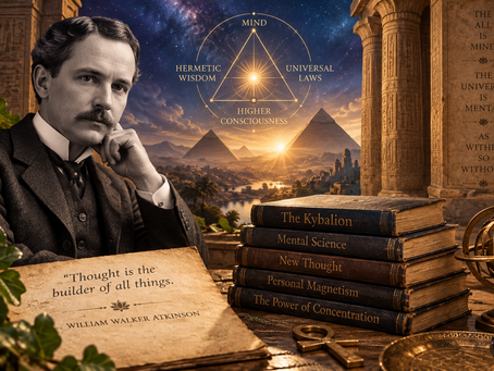 William Walker Atkinson with symbolic imagery representing New Thought, Hermetic philosophy, mentalism and the ideas associated with The Kybalion.
