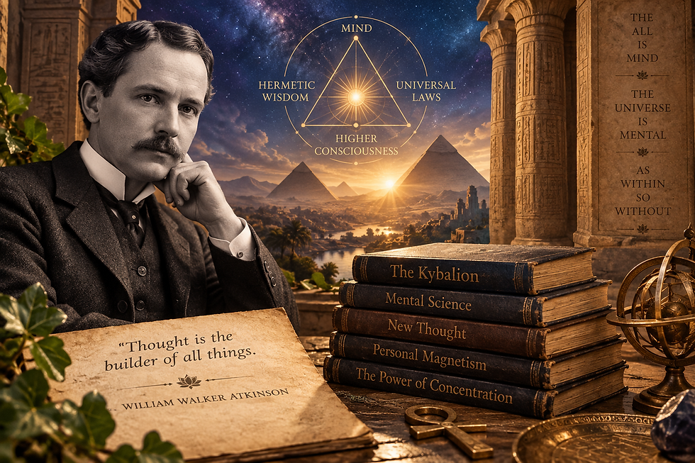 William Walker Atkinson with symbolic imagery representing New Thought, Hermetic philosophy, mentalism and the ideas associated with The Kybalion.