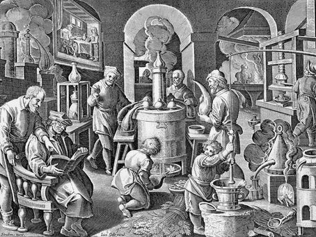 Historical alchemical laboratory with furnaces, vessels, and scientific instruments representing alchemy, the Great Work, and the ancient search for transformation
