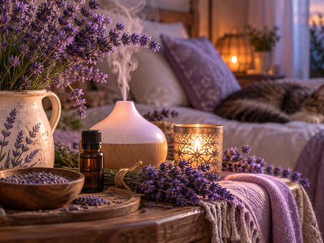 Lavender flowers, essential oil and a softly misting diffuser beside a peaceful bedroom, representing lavender aromatherapy, calm and relaxation.