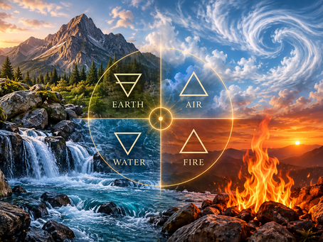 Earth, water, air and fire represented through mountains, flowing water, open sky and flames with traditional elemental symbols, illustrating the ancient four elements